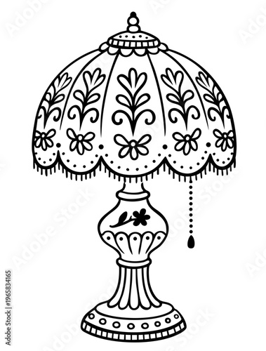 Vintage Table Lamp with Fabric Floral Shade and Pull Chain Tassel, Retro 1940s Home Lighting Decor