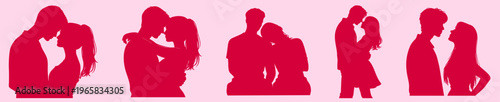 Red romantic couple silhouette set with kissing, hugging and intimate poses, boyfriend and girlfriend Valentine love