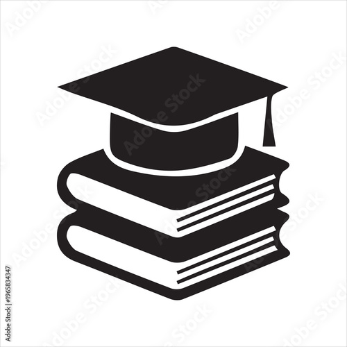 Schilderij op canvas Graduation cap on stack of books icon , academic mortarboard and textbook vector silhouette for education and learning