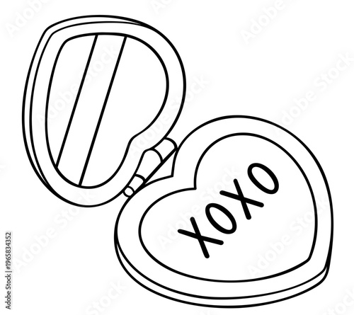 Heart shaped compact mirror outline with XOXO text, Valentine cosmetic accessory line art