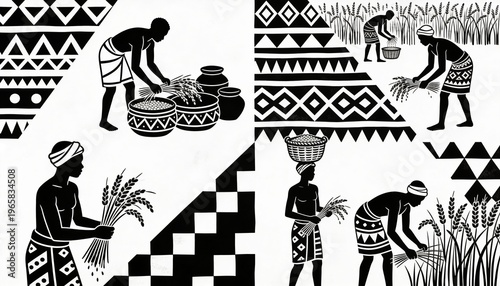Harvesting farmers in patterned wraps in rural field, bundling grain with woven baskets and motifs