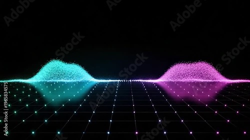 Abstract digital audio visualization with colorful glowing waves and a grid against a black background