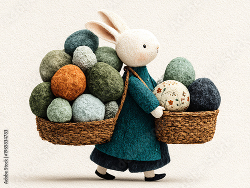 A stylized felt rabbit in a blue traditional outfit carries stacked wicker baskets of Easter eggs, carrots, and greenery, set against a teal sky with a golden sun and cloud-like hills