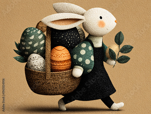 A stylized felt rabbit in a blue traditional outfit carries stacked wicker baskets of Easter eggs, carrots, and greenery, set against a teal sky with a golden sun and cloud-like hills