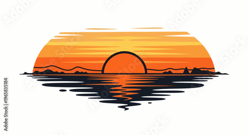 Stylized sunset over water with reflected colors and silhouetted landforms