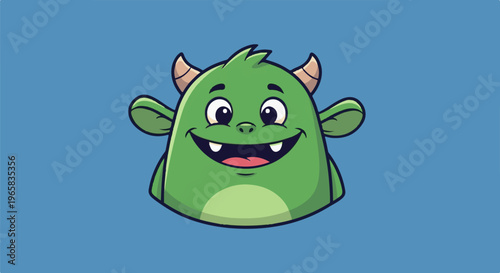 A friendly, round, green monster with horns, big eyes, and a wide smile