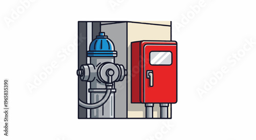 A fire hydrant and red box are next to a building