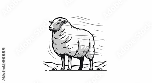 A grayscale illustration of a sheep in a windy environment