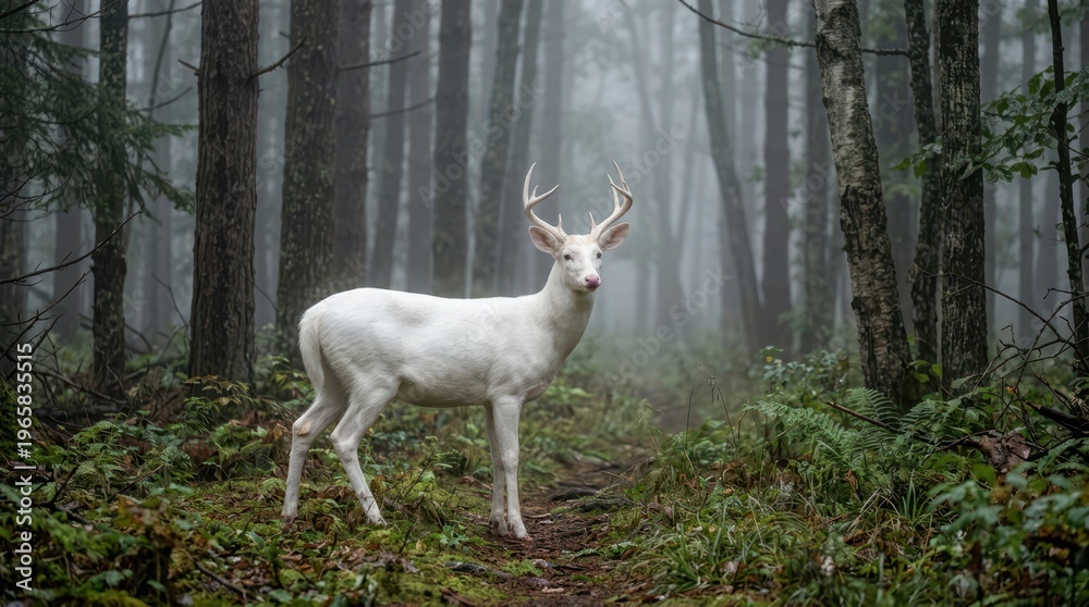Obraz premium Majestic White Deer Standing in a Misty Forest Landscape