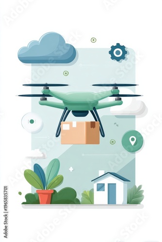 Autonomous drone delivery carrying a package to a home in eco tech illustration