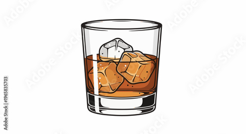 A stylized illustration of amber liquid with ice cubes in a clear glass