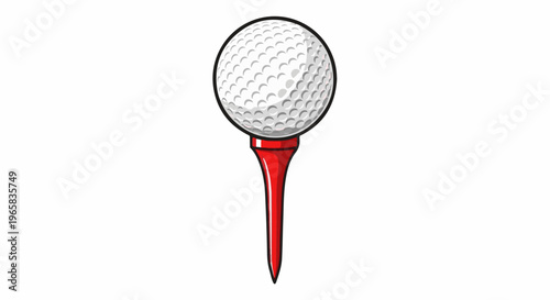 A white dimpled golf ball rests on a sharp red golf tee