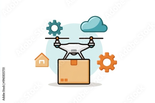 Drone delivery concept with package box, cloud and gear icons for logistics and ecommerce