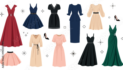Dress vector illustrations of various formal and semi-formal outfits for women