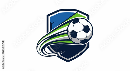 A stylized soccer ball streaks across a shield with blue, green, and navy accents