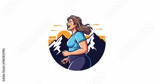 Athletic woman running at sunrise with mountains behind