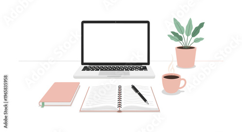 A minimalist workspace with a laptop and office supplies on a desk