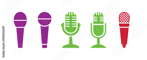 black microphone icon set, different mic symbols for sound recording, audio and podcast equipment collection, communication and music concept, simple modern vector illustration isolated on white 