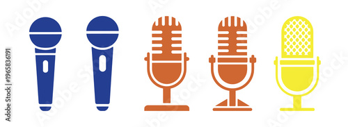 collection of black microphone icons, various mic symbols for recording and sound, audio equipment signs, podcast and music recording concept, clean minimal vector illustration isolated on white backg