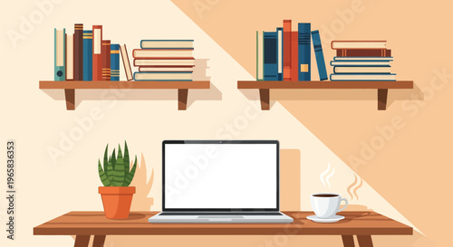 A cozy home office setup with a laptop and bookshelves