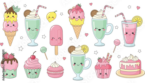 A colorful illustration of sweet treats with smiling faces and cute designs