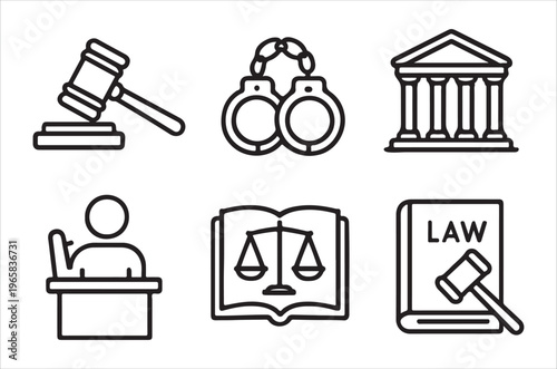 Legal symbols including a gavel handcuffs scales of justice and more