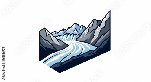 A stylized, angular graphic of a winding glacier flowing between jagged, snow-capped mountains