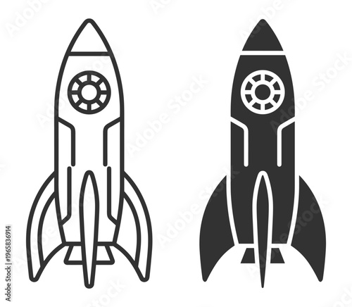 rocket spaceship icon set with outline and solid styles on transparent background