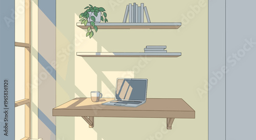 A minimalist home office setup with a laptop and books on shelves