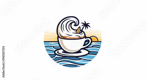 A whimsical coffee cup sits in ocean waves, topped with whipped cream and a tiny surfboard