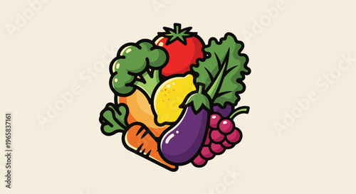 A vibrant assortment of fresh, stylized vegetables and fruits