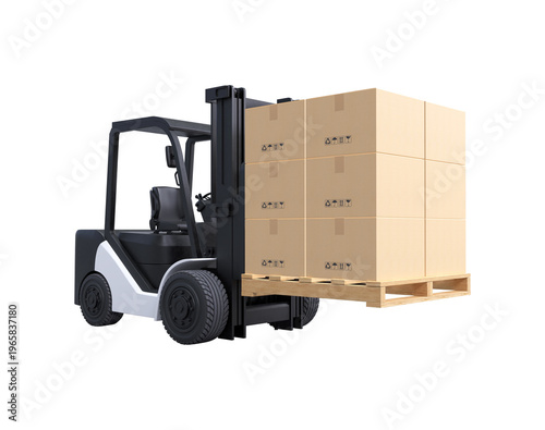 Forklift lifting cardboard boxes 3D render isolated