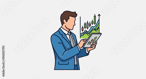 Businessman analyzing digital stock market charts on tablet and screen