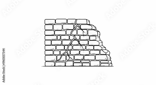 Cracked brick wall with uneven, broken sections and a jagged fracture
