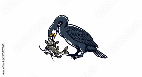 Dark bird grasps fish in beak