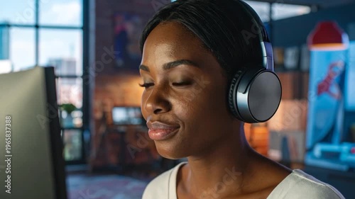 Close up of a woman wearing headphones, with a computer screen, in a home or office setting