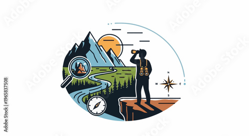Hiker on cliff edge with binoculars, mountains, river, and compass