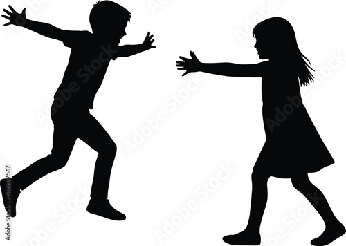 Black silhouette of a happy boy and girl running toward each other for a hug isolated on white background vector illustration for family