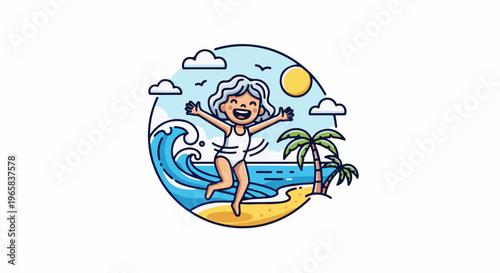 Joyful person jumps in the ocean with palm trees on a sunny day