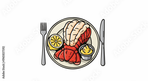 Lobster tail with lemon and butter on a plate, fork, and knife