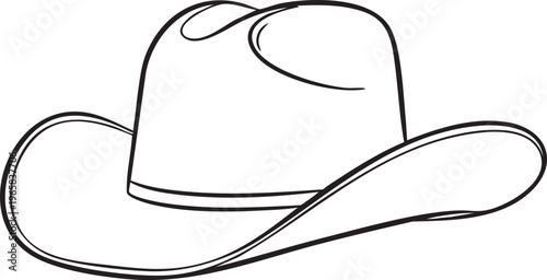 A black line drawing of a cowboy hat with curved brim