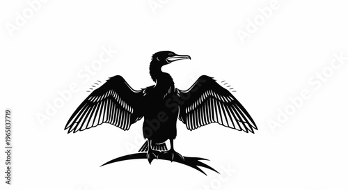 Black silhouette of a cormorant with wings spread wide, on white background