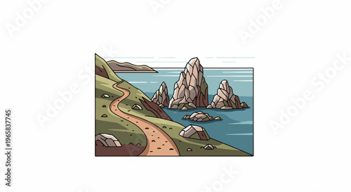 Pixelated coastal path leads to rocky sea stacks and calm blue waters