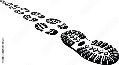 Black silhouette of a long trail of shoe footprints leading into the distance in perspective view vector illustration isolated on white background