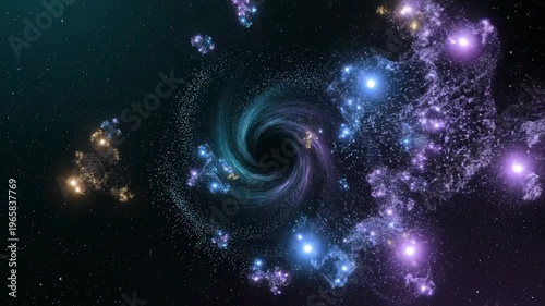 Mesmerizing image of a swirling black hole in deep space surrounded by colorful cosmic dust and star formations in a stunning astronomical video