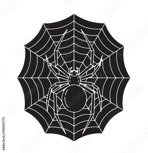 Black silhouette spider on a web in white outline isolated on transparent background.