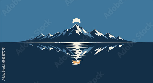 Serene mountain range reflected on still water under a bright sun