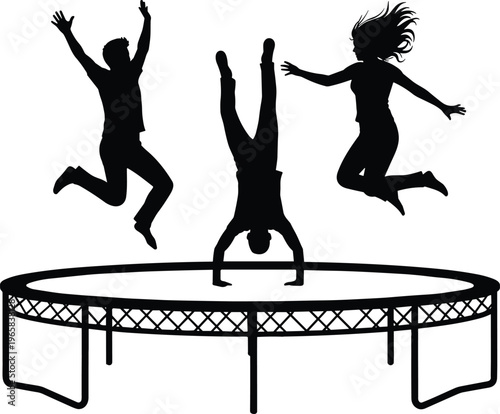 Black silhouette of happy people jumping and doing handstand on a large outdoor trampoline vector illustration isolated on white background for summer fun