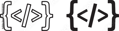 Two variations of code bracket symbols with a slash in the center displayed as black line and solid black silhouettes on white