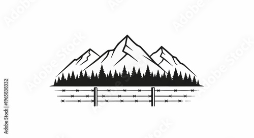 Stylized mountains above a pine forest and barbed wire fence